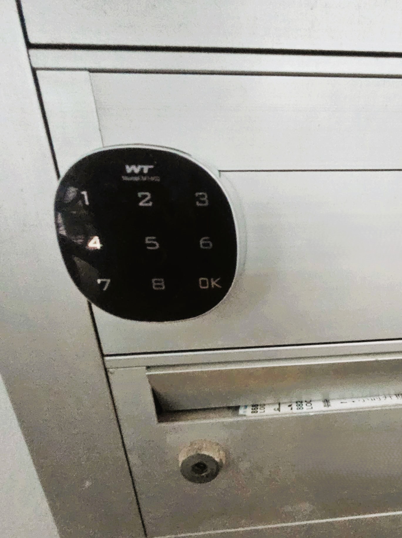 Narrow HDB mailbox door fitted with a horizontal lock body